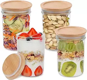 4-Pack Overnight Oats Containers with Lids - Wide Mouth Mason Jars 16 oz, Easy to Clean Glass Jars with Bamboo Lid for Oatmeals, Chia Pudding, Salad, Yogurt, Snacks, Spice, Coffee