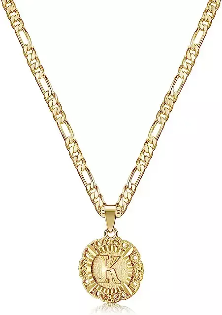 KissYan Initial Necklace for Women,14K Gold Plated Round Letter Pendant Necklace Capital Monogram Necklace Alphabets from A-Z Figaro Chain Necklace