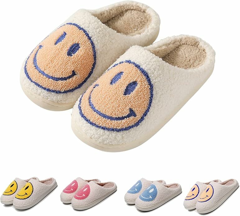 Smile Face Slippers Indoor Outdoor,Smile Happy Face Slippers,Retro Slippers for Women House Soft Fluffy Slides,Smile Cushion Slides Smile Face Furry Slippers