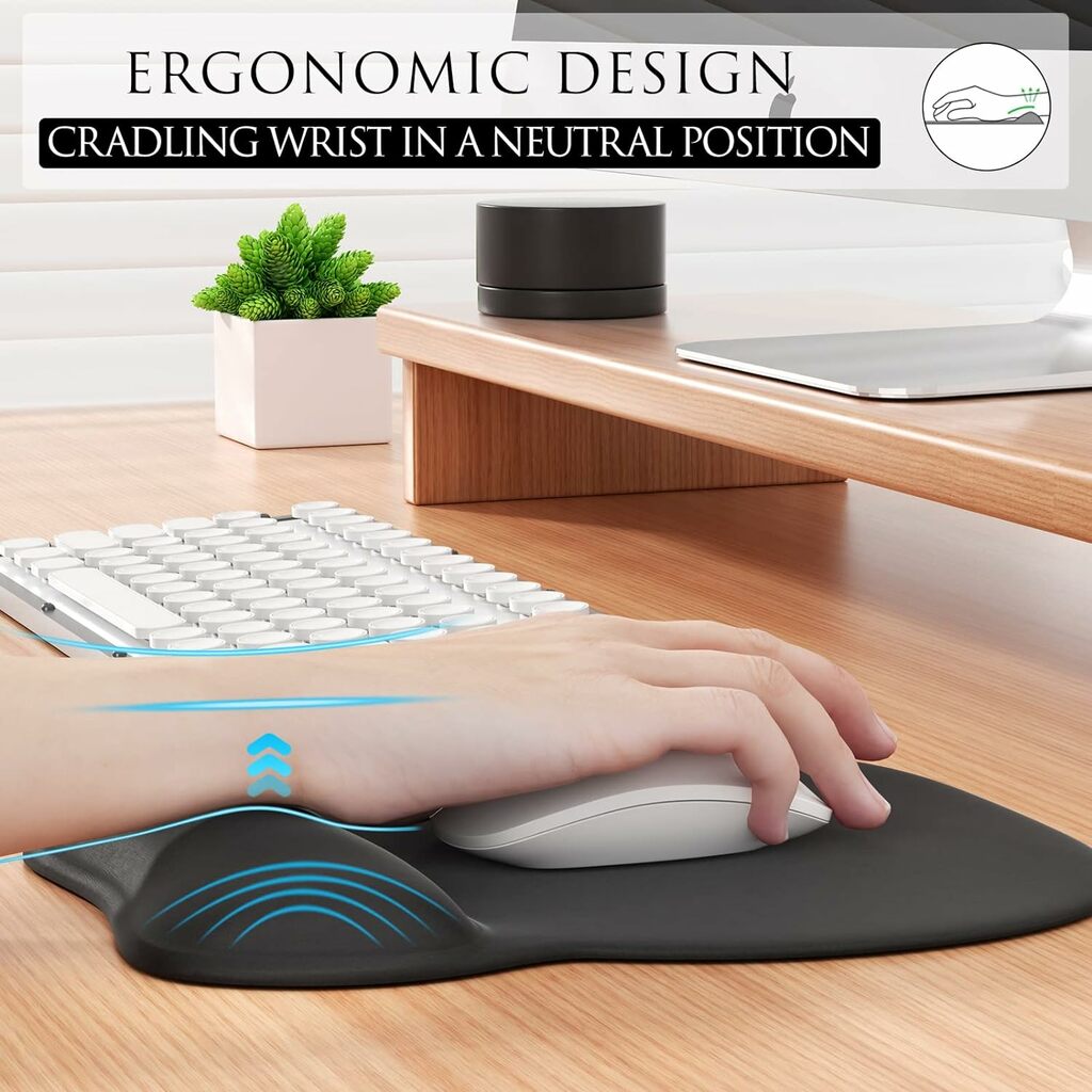 "Ergonomic mouse pad with wrist support, Cushioned mouse pad for wrist comfort, Mouse pad designed to reduce wrist strain, Ergonomic mouse pad for better wrist alignment, Comfortable mouse pad to prevent wrist pain, Contoured ergonomic mouse pad for long hours, Soft ergonomic mouse pad for reduced discomfort, Supportive mouse pad for wrist health, Ergonomic mouse pad for daily computer use, Wrist-friendly ergonomic mouse pad.