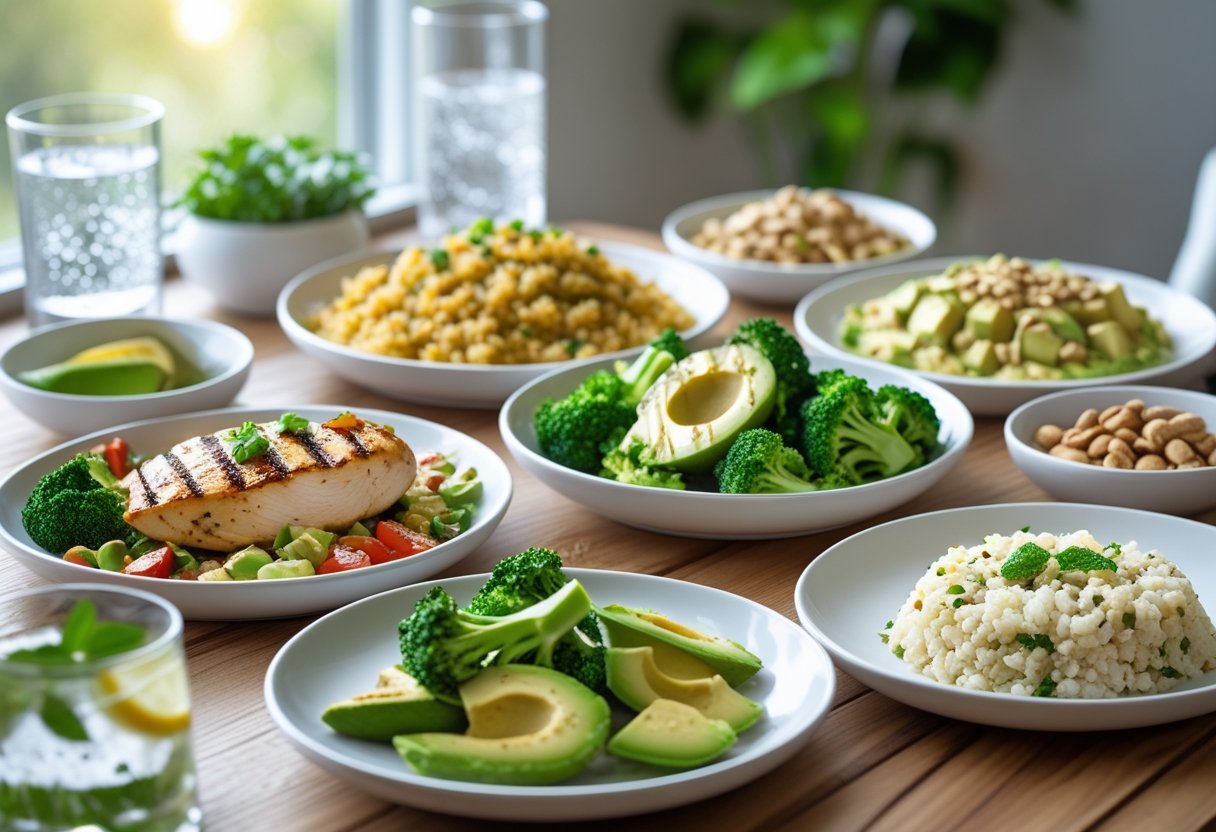 A table set with various colorful keto meals including grilled chicken, broccoli, cauliflower rice, avocado, and nuts in a bright kitchen.