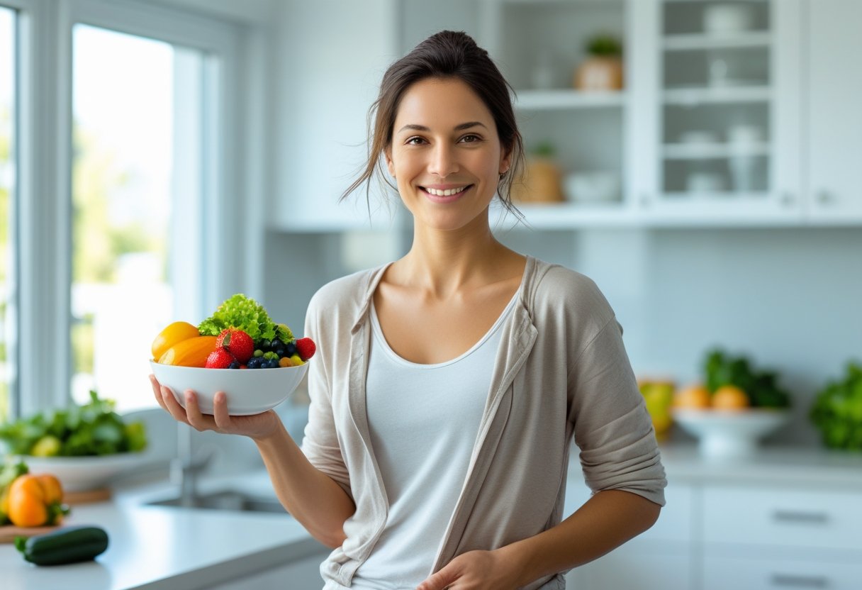 A person smiling in a bright kitchen holding a bowl of fresh fruits and vegetables.