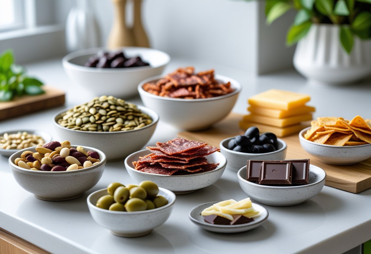 A kitchen countertop with various keto-friendly snacks like nuts, seeds, beef jerky, cheese crisps, olives, and dark chocolate arranged in small bowls and plates.